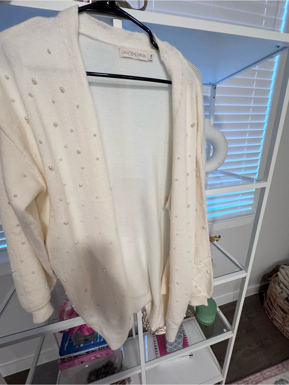 Grace & Emma Cream Pearl-Accent Open Cardigan